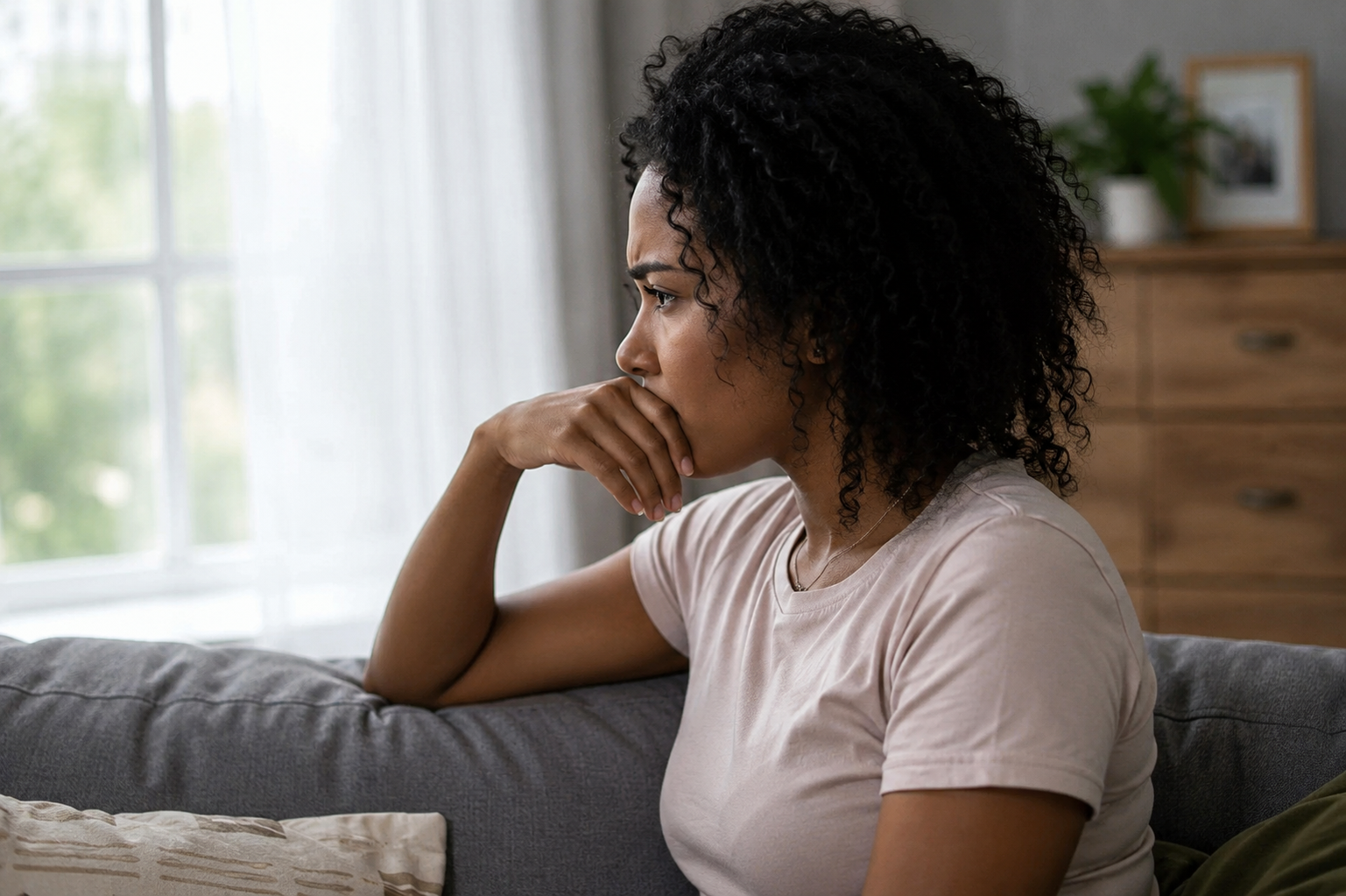 Woman quietly reflecting and wondering if he is confused or simply keeping her waiting