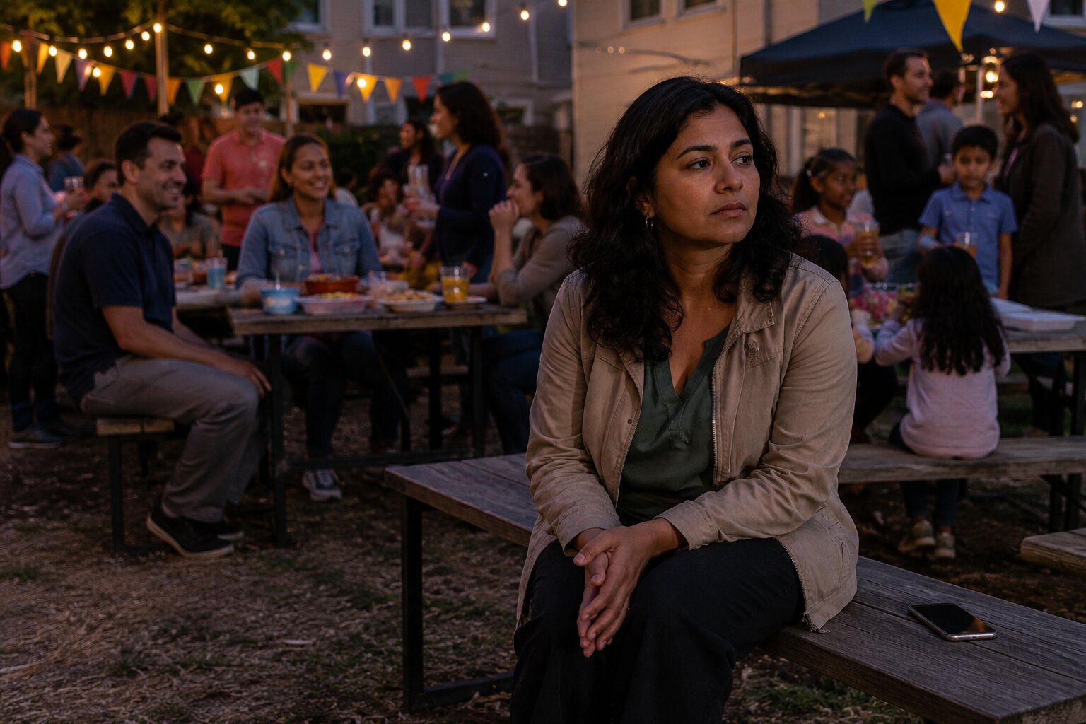 Woman reflecting on how to know if he truly loves her while others socialize nearby