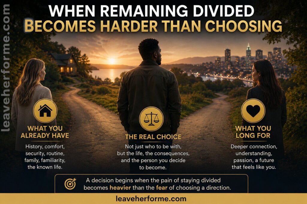 A man facing competing relationship futures when remaining divided becomes harder than choosing