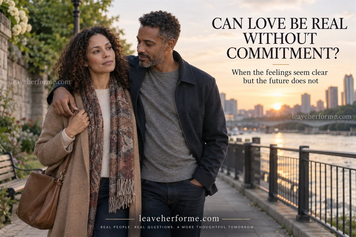 Woman walking with the man she loves while feeling uncertain about their future commitment
