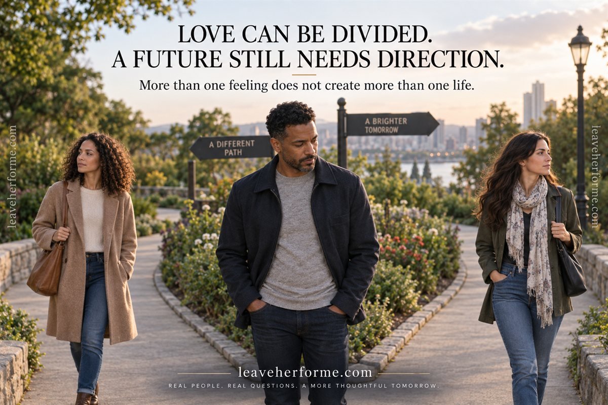 Man facing different relationship directions while two women remain apart in a calm outdoor setting