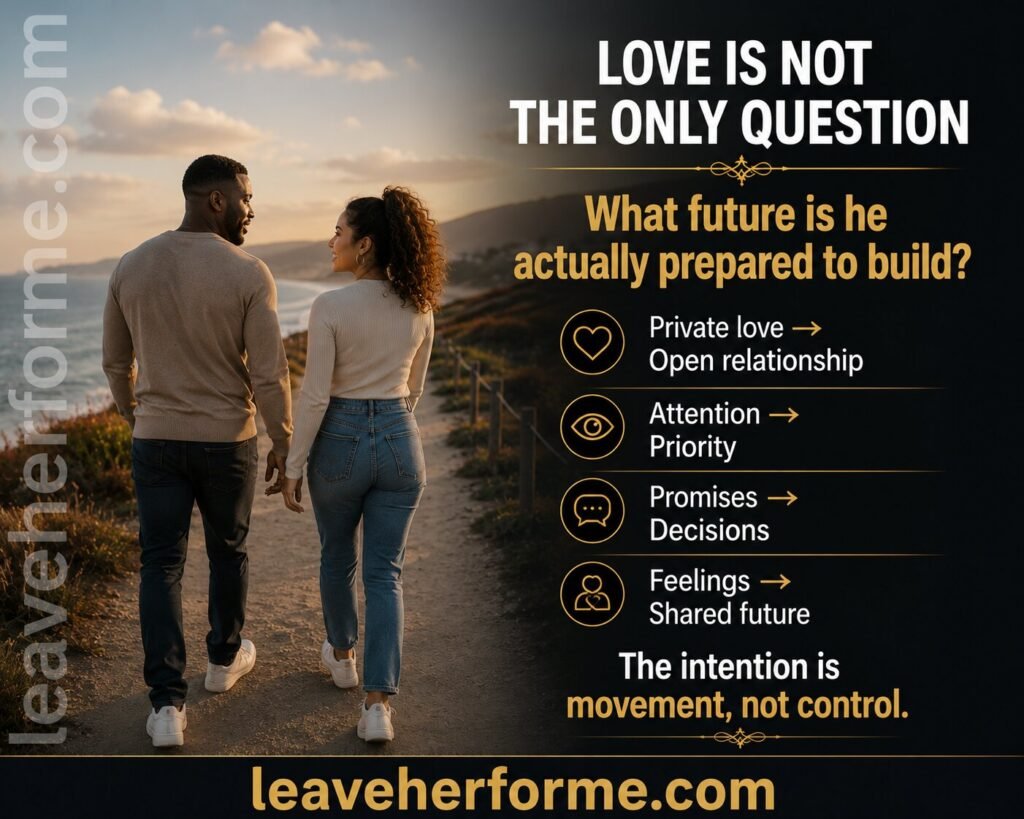 Couple walking together along an open path representing relationship direction, commitment and a possible shared future