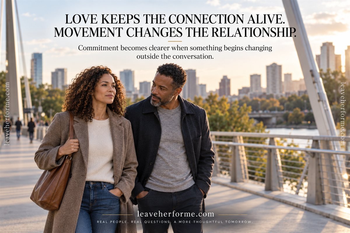 Couple walking in the same direction as their relationship begins moving toward commitment