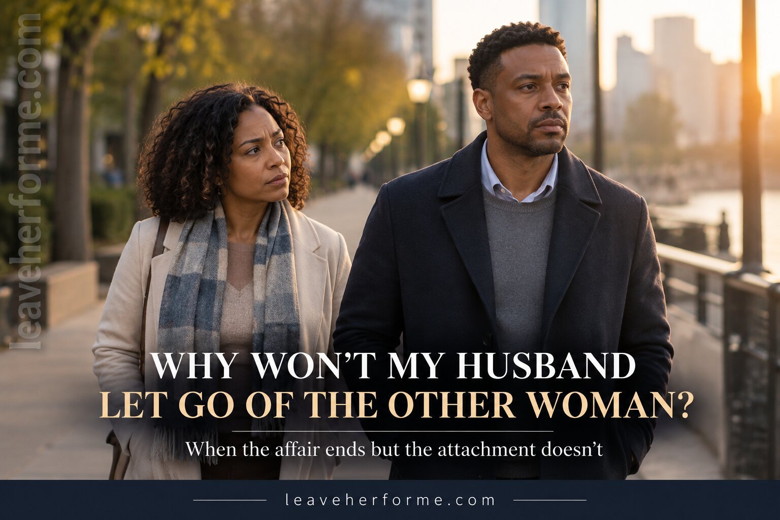 Wife walking beside her emotionally distant husband after discovering his affair