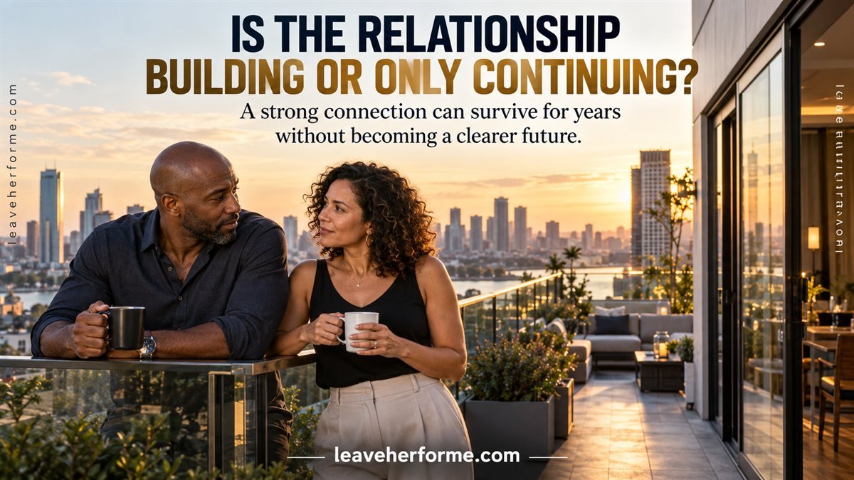 Couple considering whether their long relationship is developing or simply continuing without greater clarity