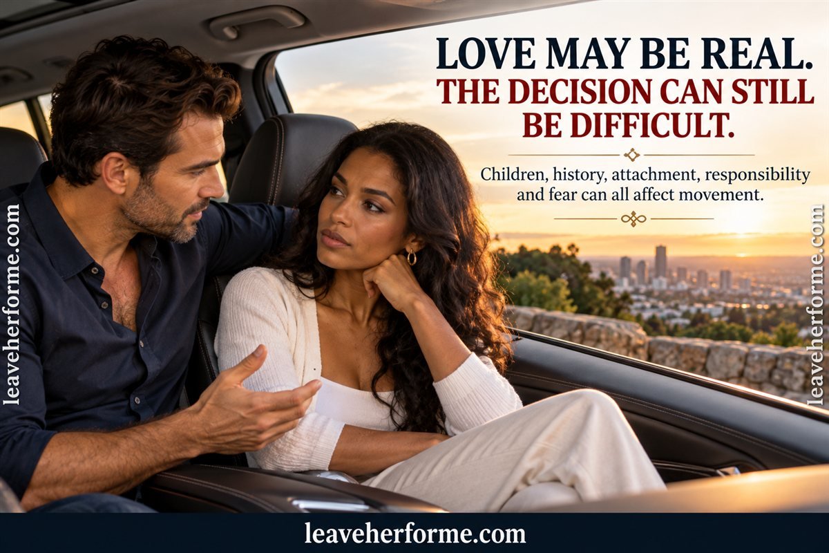 Couple discussing the emotional and practical reasons a married man may struggle to leave his marriage